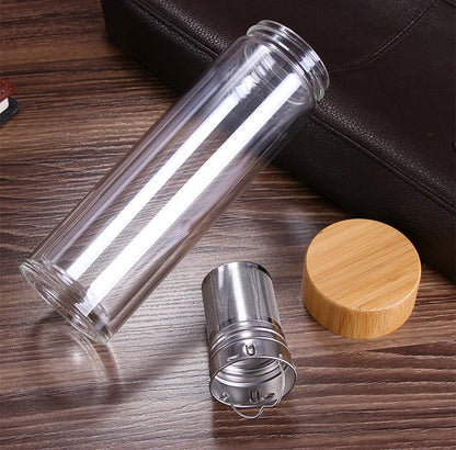 300/400/500ML Double Wall Glass Water Bottle Stainless Steel Filters Bamboo Lid Travel Home Drinkware Tea Infuser Office Tea Cup