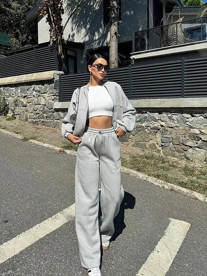 Autumn Outfits For Women 2 Piece Set Solid Color Zipper Loose Jacket + Drawstring Wide-leg Trousers Camping Tenue De Sport Femme