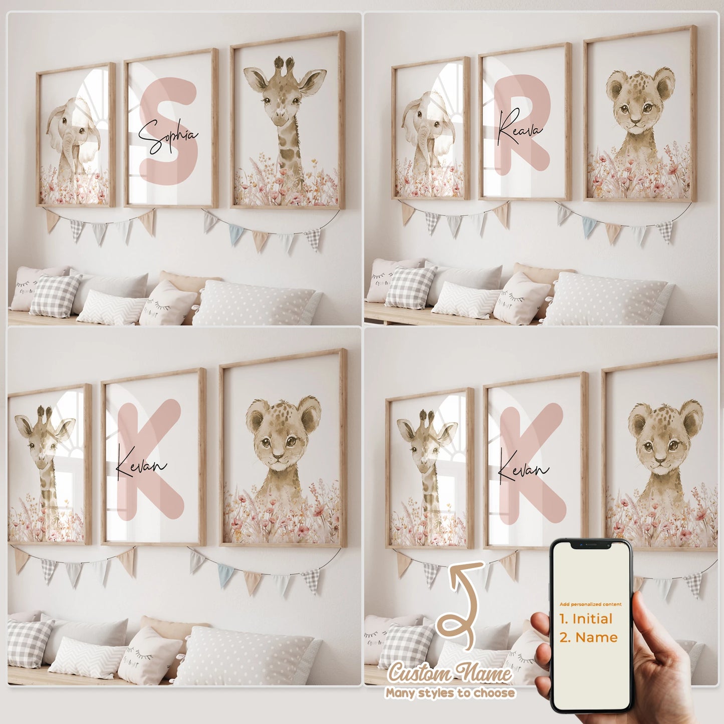 3pcs Personalized Custom Name Cartoon Forest Animals Wall Art Print Picture For Living Room Kids Girl Room Home Decor Gift