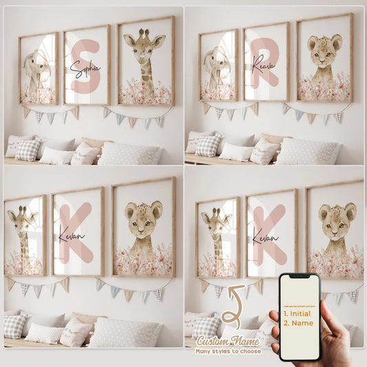 3pcs Personalized Custom Name Cartoon Forest Animals Wall Art Print Picture For Living Room Kids Girl Room Home Decor Gift
