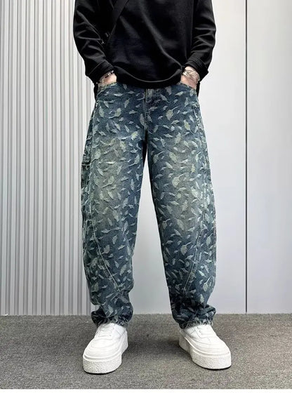 Jacquard Full Print Men's Jeans Retro Straight Loose Trend High Street Scimitar Long Pants 2025 Spring And Summer New