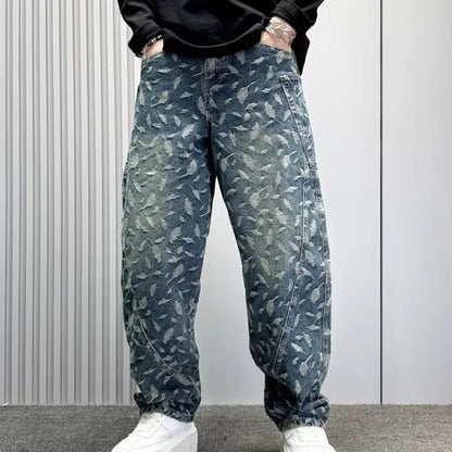 Jacquard Full Print Men's Jeans Retro Straight Loose Trend High Street Scimitar Long Pants 2025 Spring And Summer New