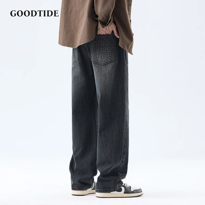 Fashionable Men's Washed Straight Jeans 2025 Autumn New Embroidered Letter Pattern Loose Denim Casual Pants Size 28-40