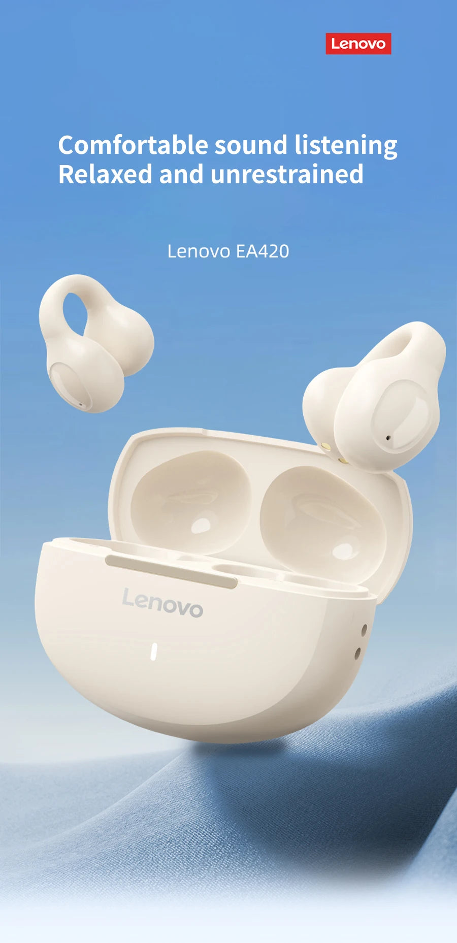 Lenovo Wireless Sport Earbuds Active Noise Cancelling Clip on Comfortable Headphones with Long Battery Life Hi-Fi Sound Bt 5.4