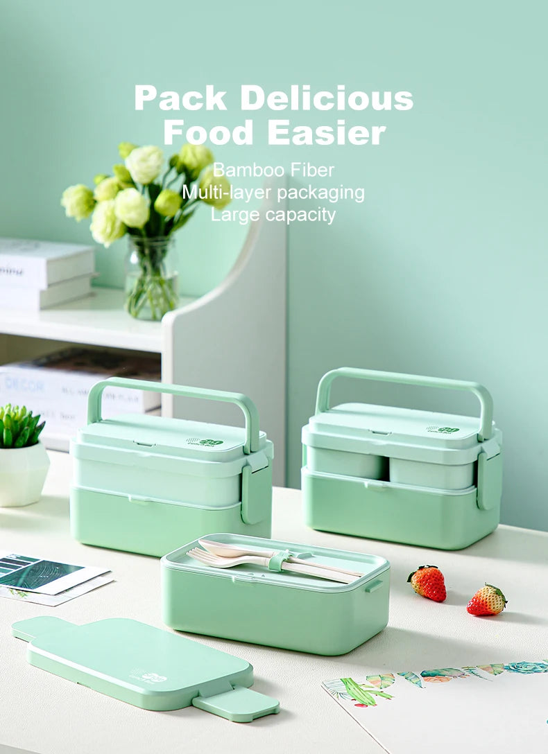 Eco-Friendly Bamboo Fiber Lunch Box Microwave Leakproof Bento Container for School/Office/Picnic Portable Food Storage Container