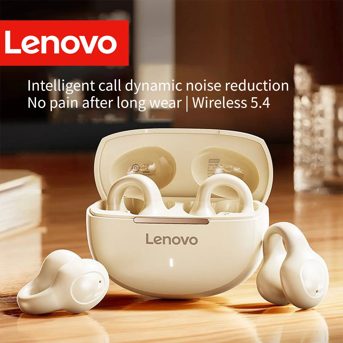 Lenovo Wireless Sport Earbuds Active Noise Cancelling Clip on Comfortable Headphones with Long Battery Life Hi-Fi Sound Bt 5.4