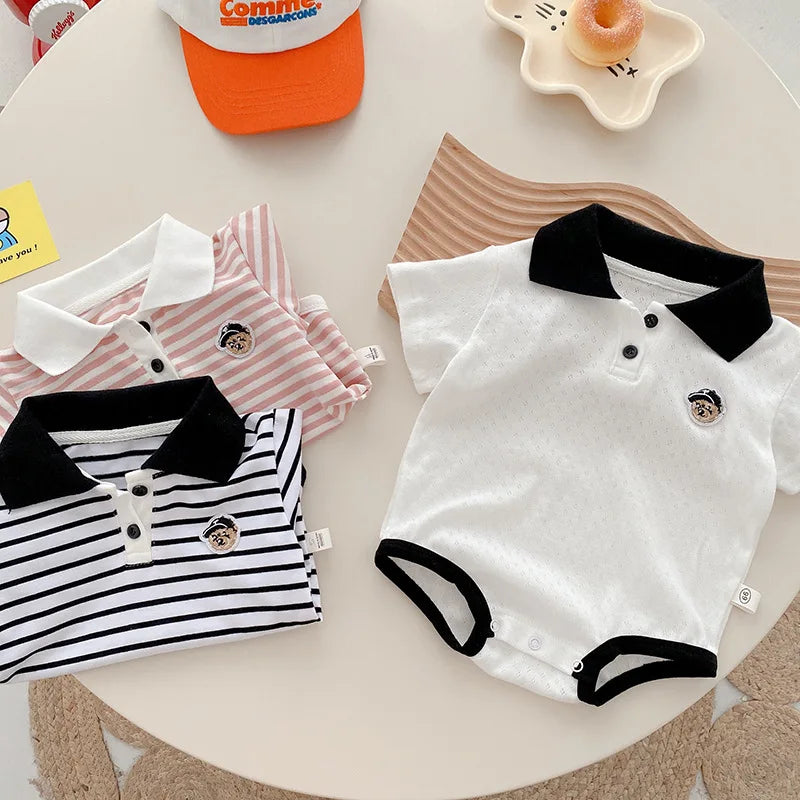 Baby Striped Hoodie for Boys Aged 0-2 in Summer, Stylish Teddy Bear Jumpsuit for Newborns, Trendy Fart Bag Outfit