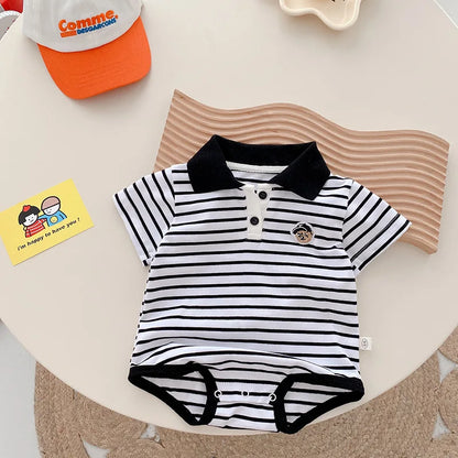Baby Striped Hoodie for Boys Aged 0-2 in Summer, Stylish Teddy Bear Jumpsuit for Newborns, Trendy Fart Bag Outfit