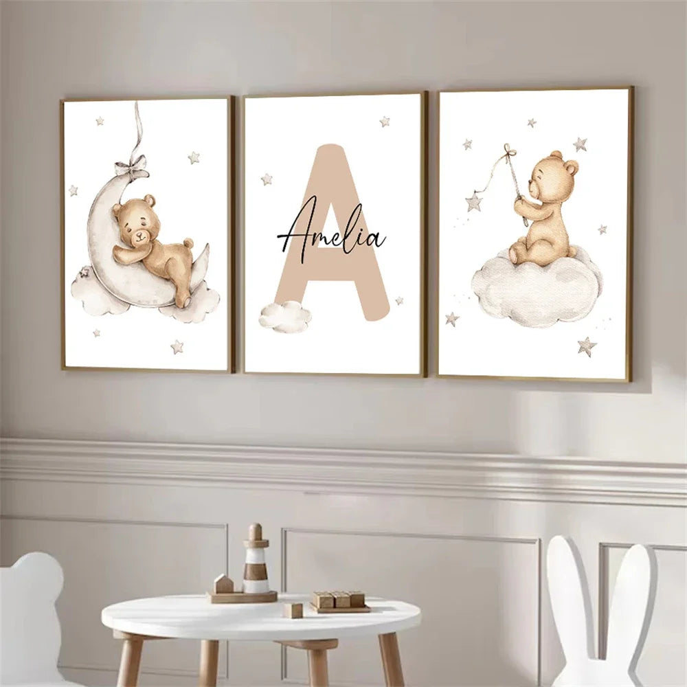 Baby Custom Name Wall Art Canvas Painting Cartoon Cute Bear Posters And Prints Nursery Nordic Wall Pictures Kids Room Decoration