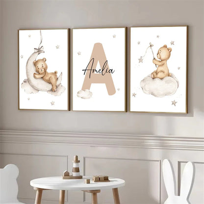Baby Custom Name Wall Art Canvas Painting Cartoon Cute Bear Posters And Prints Nursery Nordic Wall Pictures Kids Room Decoration