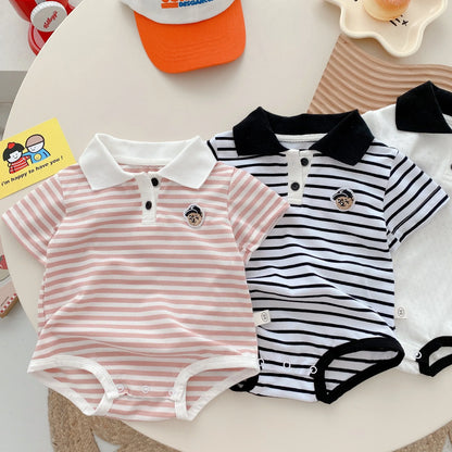 Baby Striped Hoodie for Boys Aged 0-2 in Summer, Stylish Teddy Bear Jumpsuit for Newborns, Trendy Fart Bag Outfit