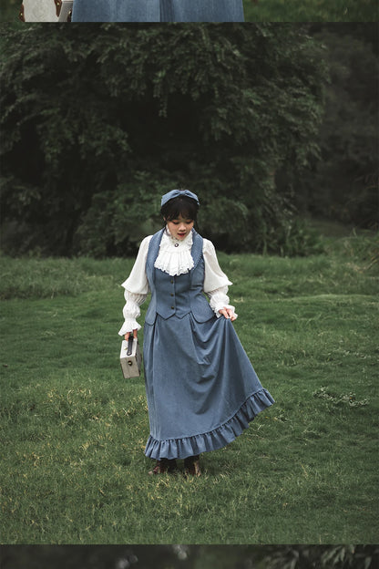 Autumn Winter Clothing Set Ladies Elegant Long Sleeve White Shirt Blouses Retro Vest with Fishbone Skirt Lolita 3 Piece Outfits