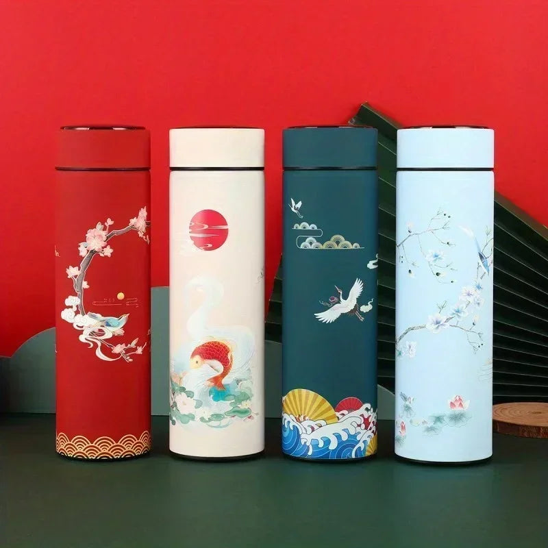 Retro Smart Temperature Display Insulated Cup,  Chinese Style Thermal Water Bottle, Stainless Steel Water Cup