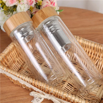 300/400/500ML Double Wall Glass Water Bottle Stainless Steel Filters Bamboo Lid Travel Home Drinkware Tea Infuser Office Tea Cup