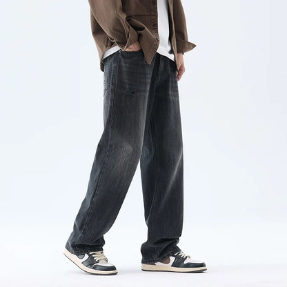 Fashionable Men's Washed Straight Jeans 2025 Autumn New Embroidered Letter Pattern Loose Denim Casual Pants Size 28-40