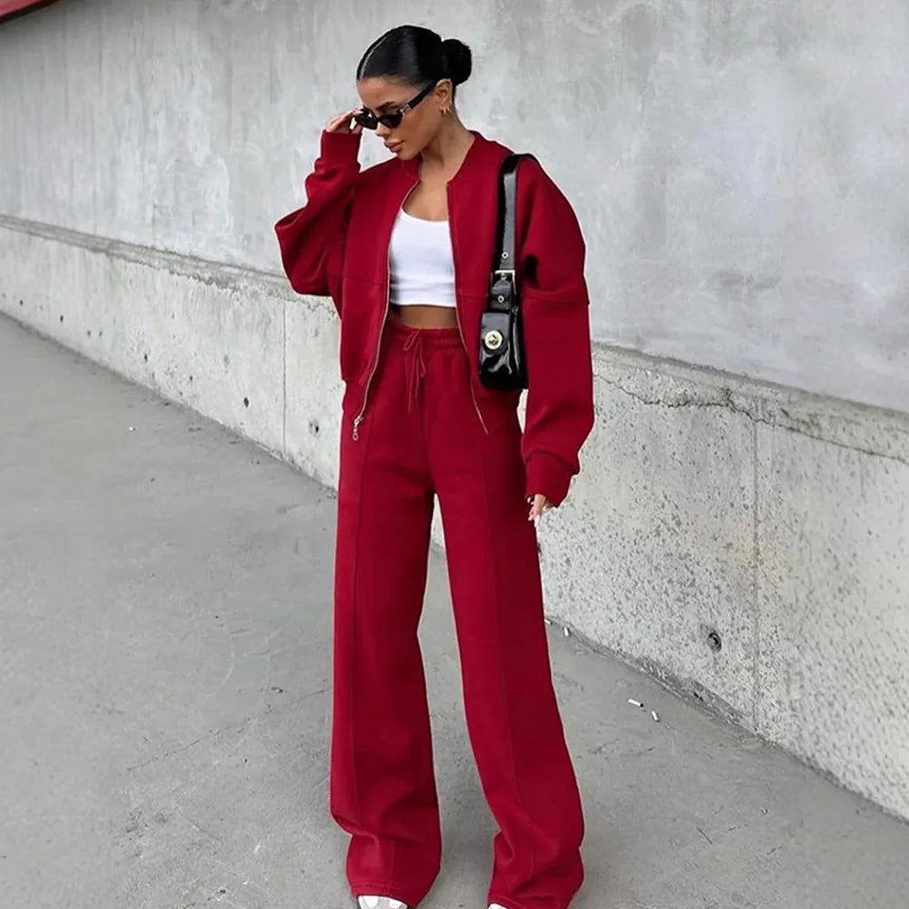 Autumn Outfits For Women 2 Piece Set Solid Color Zipper Loose Jacket + Drawstring Wide-leg Trousers Camping Tenue De Sport Femme