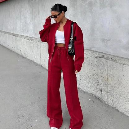 Autumn Outfits For Women 2 Piece Set Solid Color Zipper Loose Jacket + Drawstring Wide-leg Trousers Camping Tenue De Sport Femme
