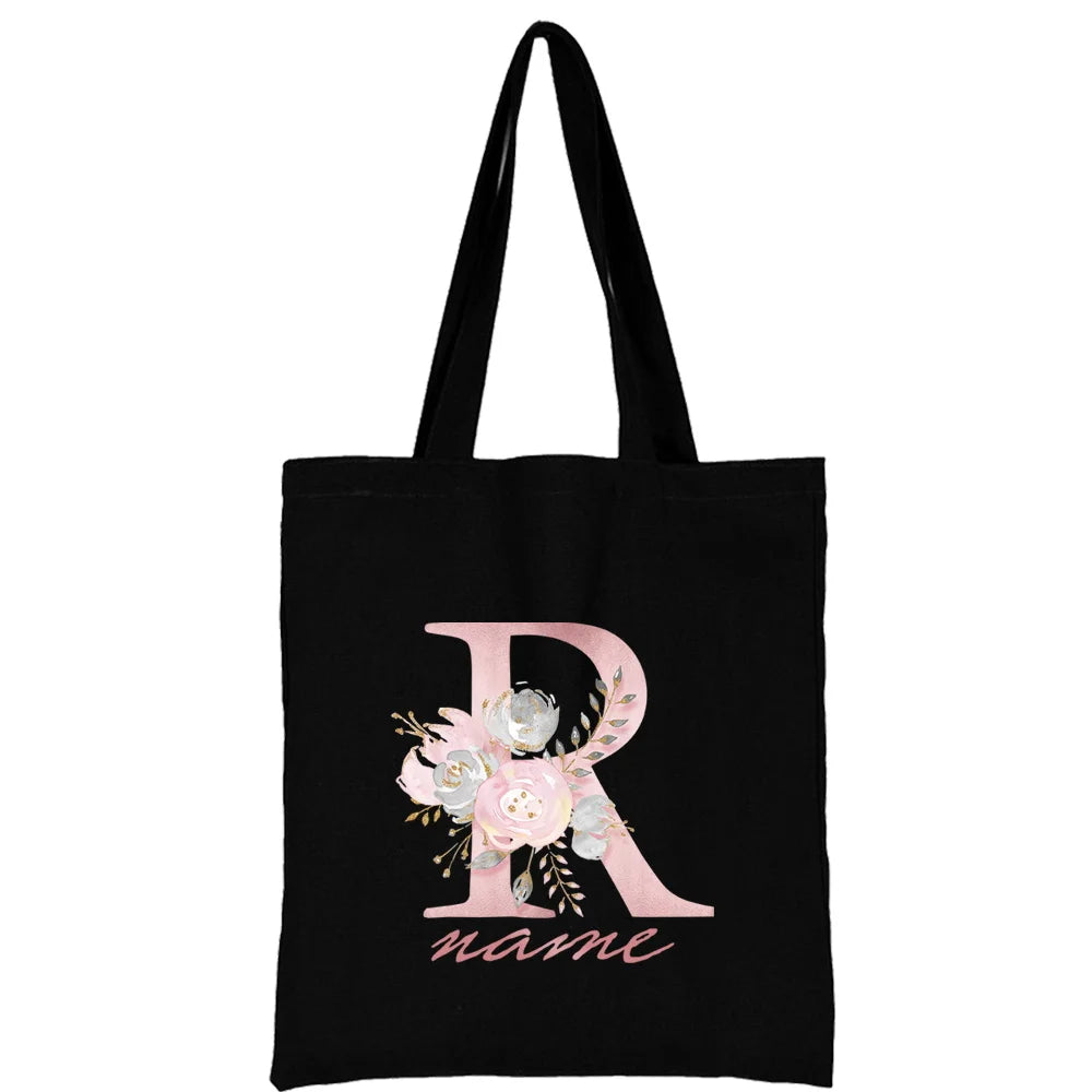 Custom Free Name Canvas Bags Women Shoulder Bag Handbags Pink Letter Beach Bags Tote Casual Woman Grocery Eco Shopping Bag