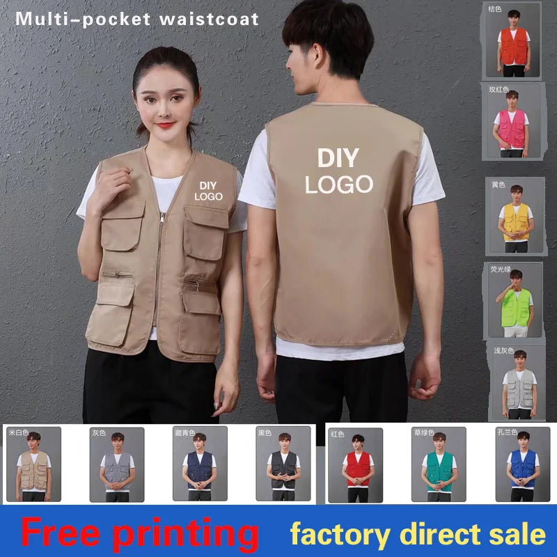 Customized multi-pocket vest work clothes with logo printing for supermarkets, educational institutions, catering, and photograp