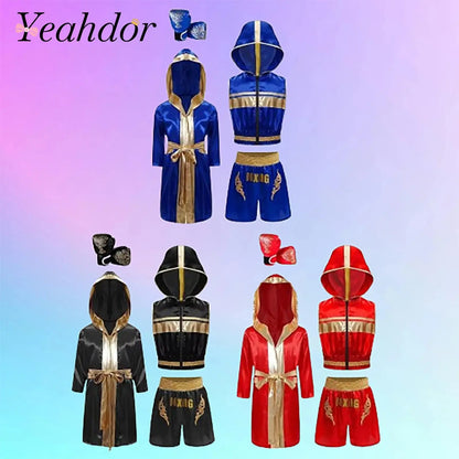 Children's Outfit Boys Robe Kids Muay Thai Fight Grappling Boxing Outfit Boxer Gloves Jerseys Training Clothes Martial Arts Sets
