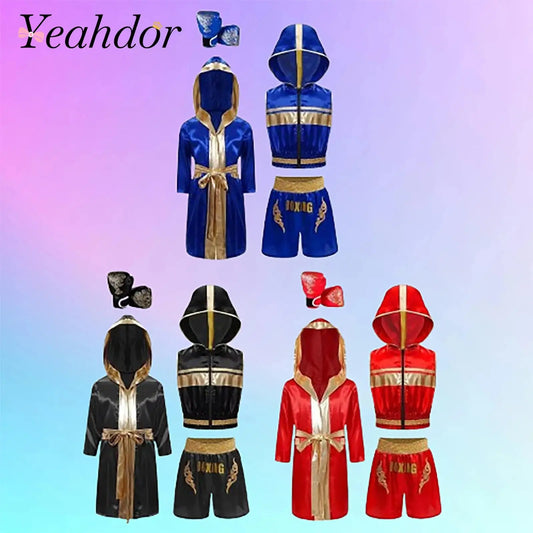 Children's Outfit Boys Robe Kids Muay Thai Fight Grappling Boxing Outfit Boxer Gloves Jerseys Training Clothes Martial Arts Sets