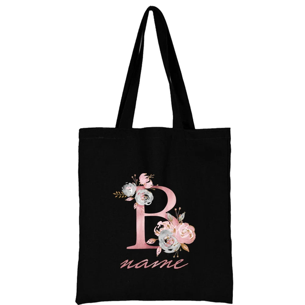 Custom Free Name Canvas Bags Women Shoulder Bag Handbags Pink Letter Beach Bags Tote Casual Woman Grocery Eco Shopping Bag