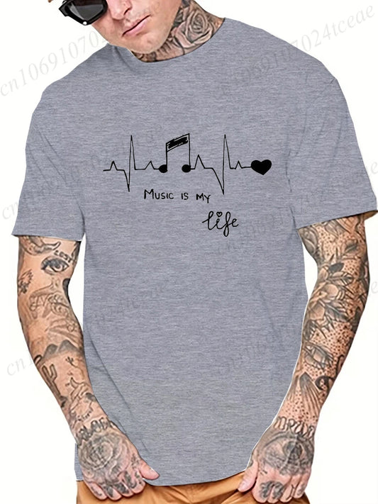 Men Fashion Casual Top Cool Funny Music Is My Life Design Print Tshirt Summer Men T Shirt O-neck Male Tees T-shirt Music Tops