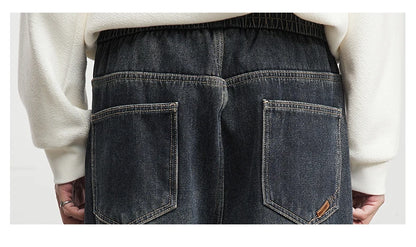 Fashion Men's Casual Thick Jeans 2025 Autumn Winter New Elastic Waist Fleece Lined Washed Loose Straight Leg Casual Long Pants