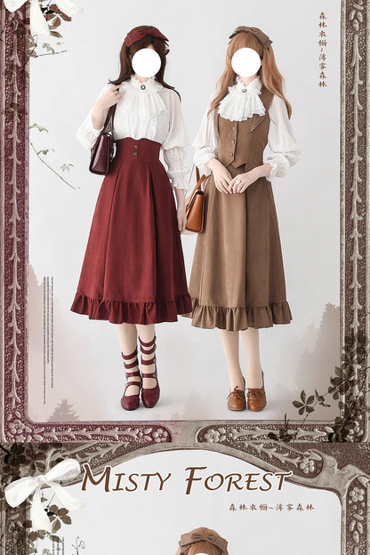 Autumn Winter Clothing Set Ladies Elegant Long Sleeve White Shirt Blouses Retro Vest with Fishbone Skirt Lolita 3 Piece Outfits