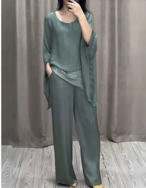 Fashion 2 Piece Set Party Outfits New Spring Summer Elegant Women's Suit Casual Bat Wing Sleeve Blouse Top With Wide Leg Pants