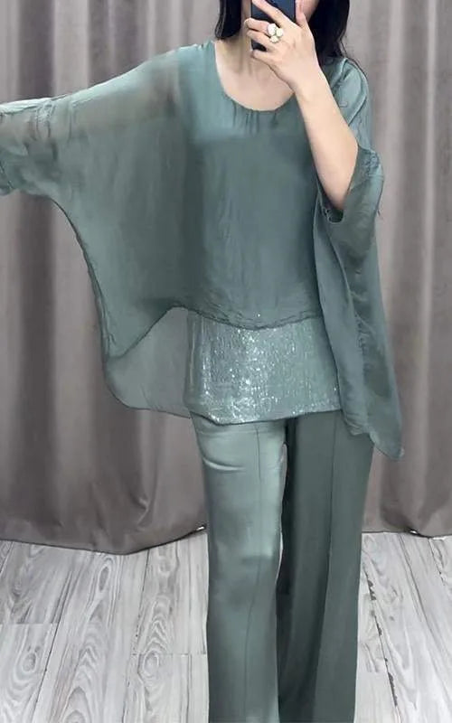 Fashion 2 Piece Set Party Outfits New Spring Summer Elegant Women's Suit Casual Bat Wing Sleeve Blouse Top With Wide Leg Pants