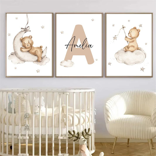 Baby Custom Name Wall Art Canvas Painting Cartoon Cute Bear Posters And Prints Nursery Nordic Wall Pictures Kids Room Decoration