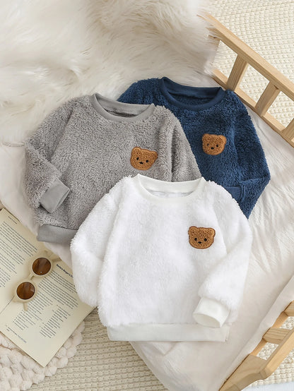 A 3-Piece Plush Hoodie For A Baby Boy In Autumn And Winter, An Outdoor Warm And Cute Little Bear Round-Neck Base Layer