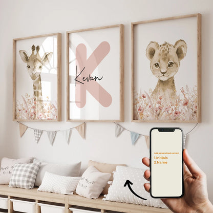 3pcs Personalized Custom Name Cartoon Forest Animals Wall Art Print Picture For Living Room Kids Girl Room Home Decor Gift