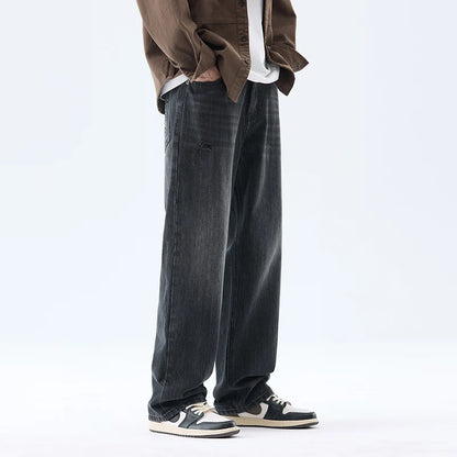 Fashionable Men's Washed Straight Jeans 2025 Autumn New Embroidered Letter Pattern Loose Denim Casual Pants Size 28-40