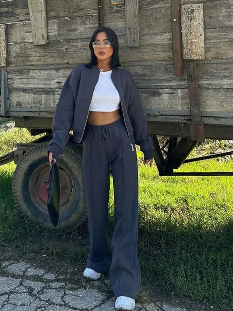 Autumn Outfits For Women 2 Piece Set Solid Color Zipper Loose Jacket + Drawstring Wide-leg Trousers Camping Tenue De Sport Femme