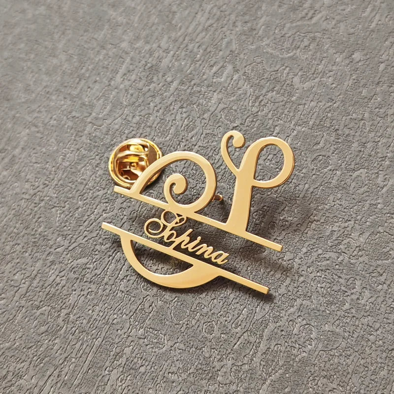 Custom Initials Brooches Metal Anti-glare Lapel Pin Fixed Clothes Letter Pins Stainless Steel Weater Coat Clothing Women Jewelry