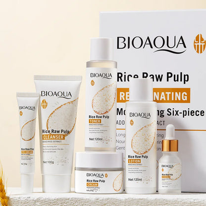 6pcs/lot BIOAQUA Rice Raw Pulp Skin Care Set Face Cream Serum Firming Moisturizing Facial Cleanser Toner Korean Face Care