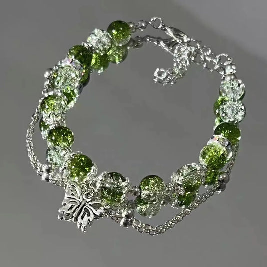 Niche Design Super Fairy Butterfly Bracelet for Women Sweet Green Bead Tassels Chain Elastic Bracelet Exquisite Girl Jewelry