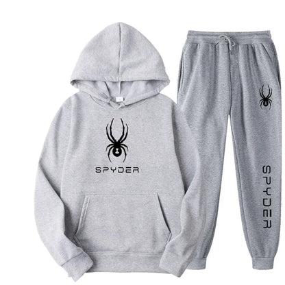 .A casual sports outfit consisting of a long-sleeved hooded t-shirt and elastic-waist pants.