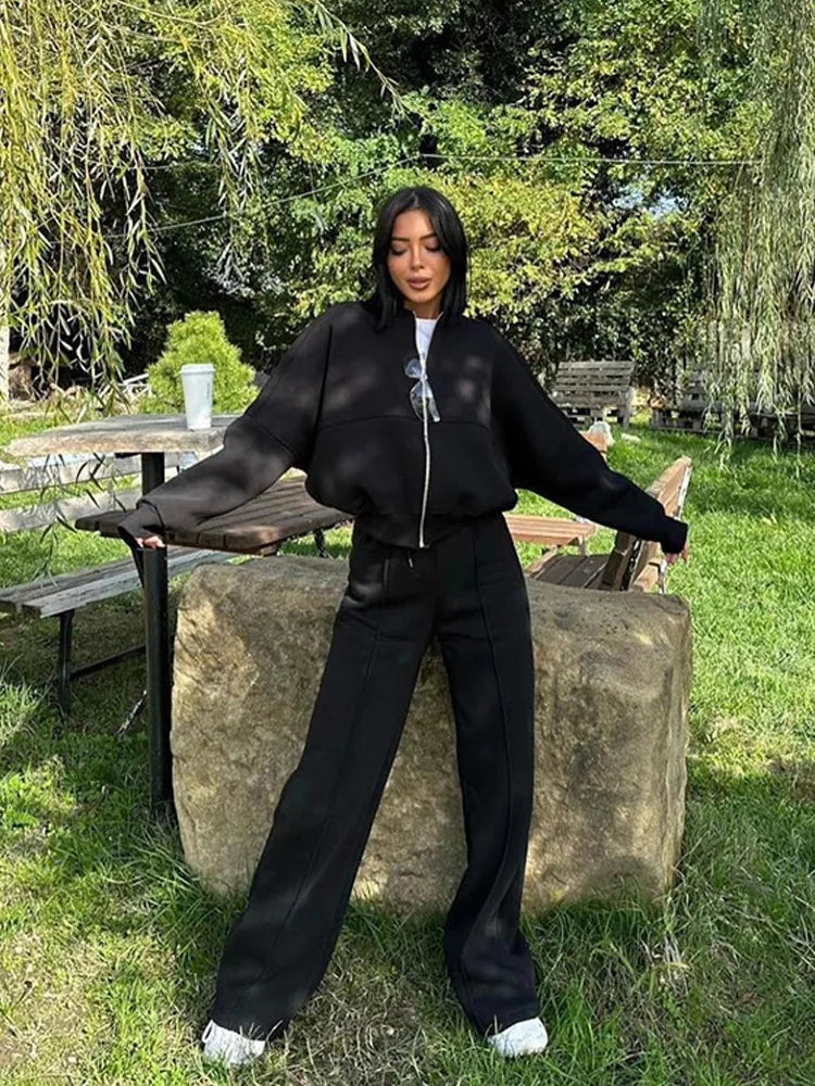 Autumn Outfits For Women 2 Piece Set Solid Color Zipper Loose Jacket + Drawstring Wide-leg Trousers Camping Tenue De Sport Femme