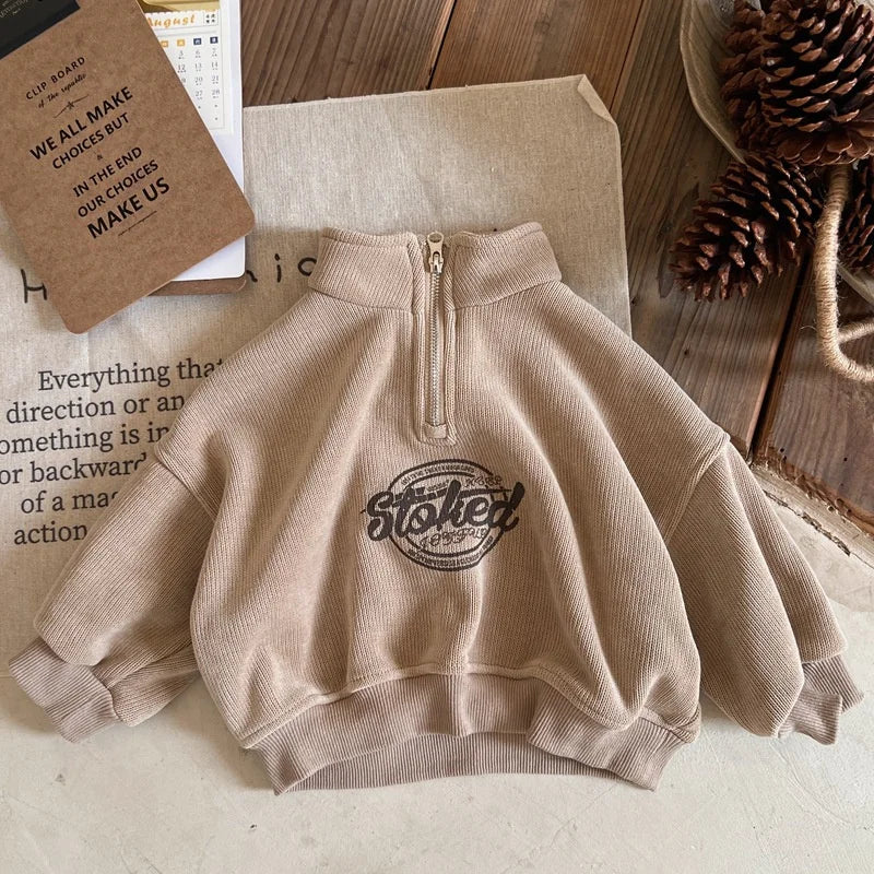 Boys Hoodies Sweatshirts Cotton Thicken Velvet 2024 Khaki Warm Winter Autumn Windproof Baby's Kids Children's Clothing