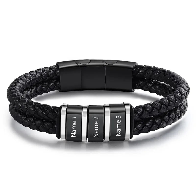 Custom Name Bracelets for Men Personalized Leather Bracelet with 1-5 Family Names Customized Gifts Jewelry for Dad Husband Son