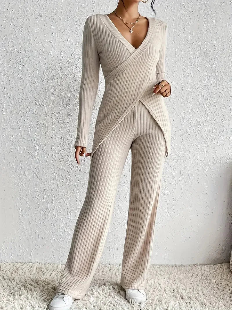 Women's Casual Solid Sets Outfits Fashion Long Sleeve V Neck Slim Tops+High Waist Pants 2 Pieces Set For Woman Autumn Winter New