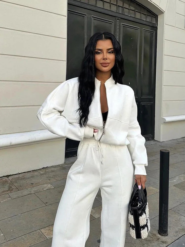 Autumn Outfits For Women 2 Piece Set Solid Color Zipper Loose Jacket + Drawstring Wide-leg Trousers Camping Tenue De Sport Femme