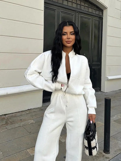 Autumn Outfits For Women 2 Piece Set Solid Color Zipper Loose Jacket + Drawstring Wide-leg Trousers Camping Tenue De Sport Femme