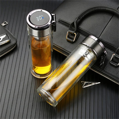 Smart Double Wall Glass Water Bottle With Filter Touch Display Stainless Steel Strainer Clear Drinking Tea Bottle With Handle