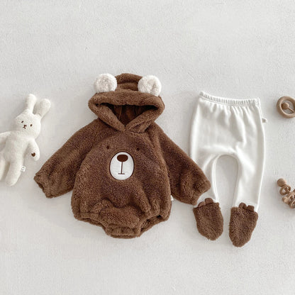 Baby Hooded Romper Bear Ears Cute Plush Baby Clothes Winter 0-2 Years Old Korean version Baby Clothes Baby Romper