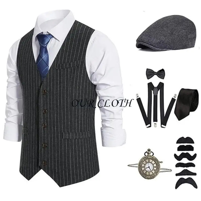 1920s Mens Costume Roaring 20s Outfit Accessories 1920s Men Mafia Costume 20s Gangsters Vest Hat Pocket Watch Suspenders Y1AC
