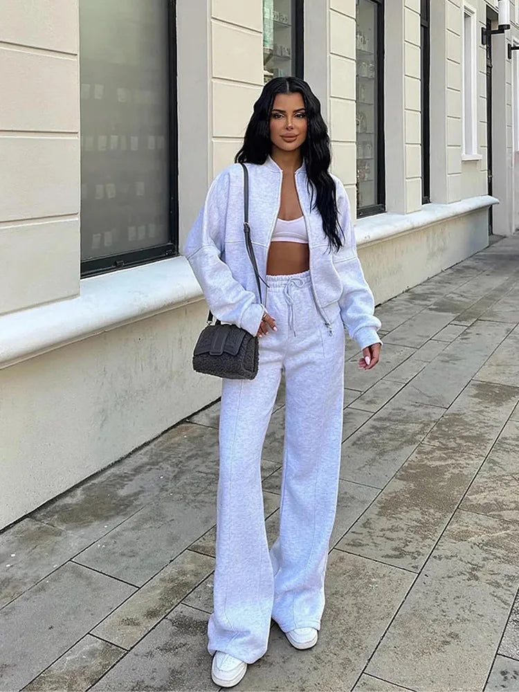 Autumn Outfits For Women 2 Piece Set Solid Color Zipper Loose Jacket + Drawstring Wide-leg Trousers Camping Tenue De Sport Femme